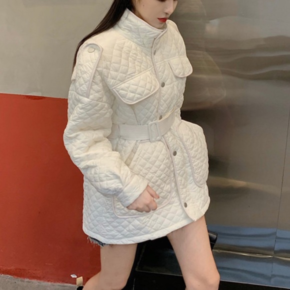Quilted Jacket coat pocket belt British fashion white button winter outerwear - Picture 6 of 13